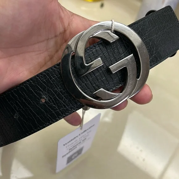 EUC Authentic Gucci Belt GUCCI Brown Leather GG Wood Interlocking Buckle Men main image 4